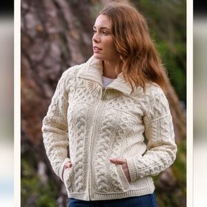 Aran Crafts Double Collar Zip Merino Wool Aran Cardigan Cream Natural Size M